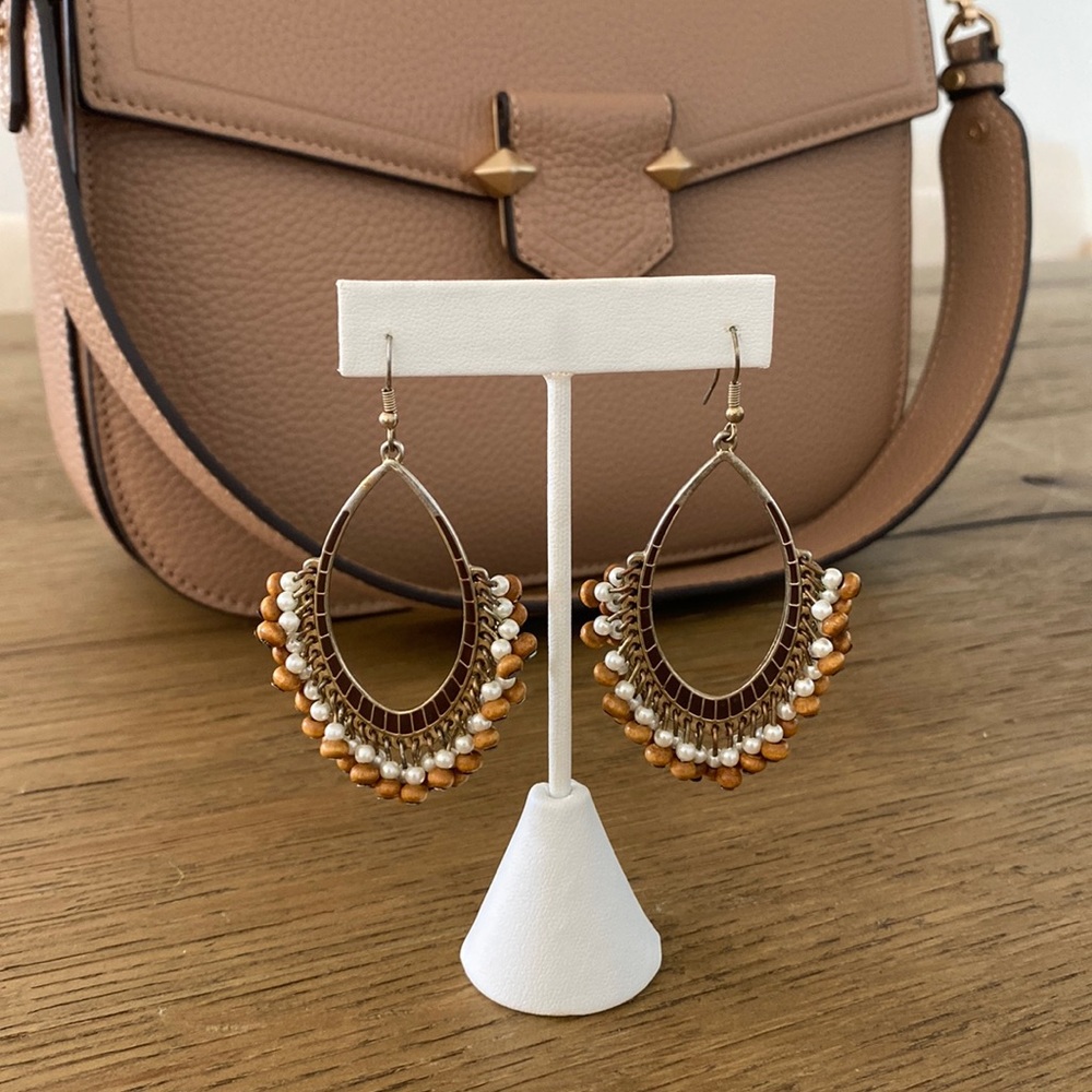 Gold-tone earrings with brown/white beads! Fashion Jewelry!